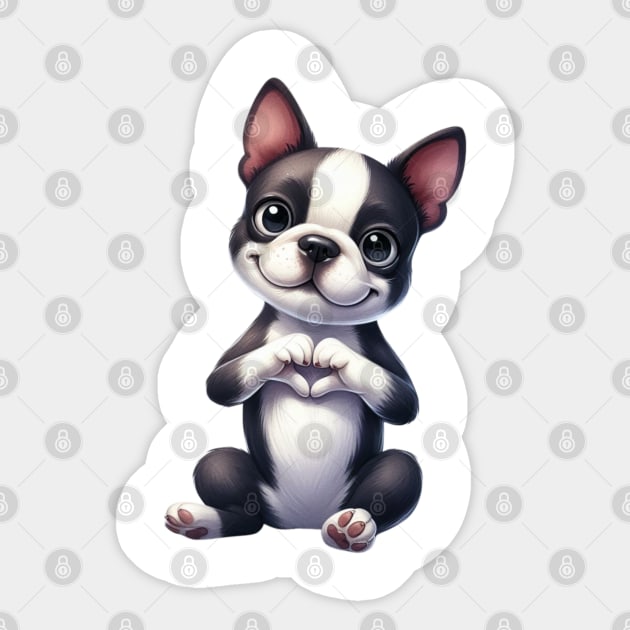 Valentine Boston Terrier Dog Giving Heart Hand Sign Sticker by Chromatic Fusion Studio